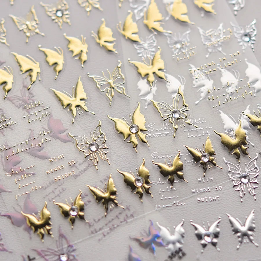 White Butterfly Star Rhinestone Hot Stamping Gold Colorful 5D Soft Embossed Relief Nail Art Sticker 3D Decal Decoration Manicure