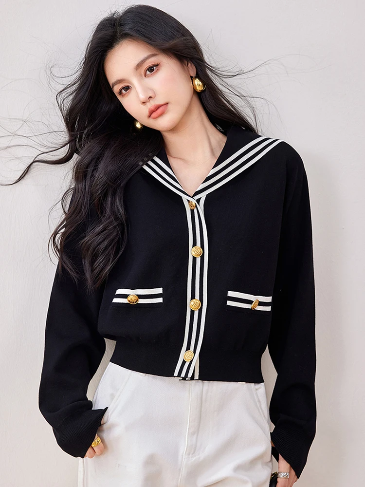 Preppy Style Sailor Collar Knitted Cardigan Women Autumn New Korean Fashion Long Sleeve Sweater Single Breasted Short Coat