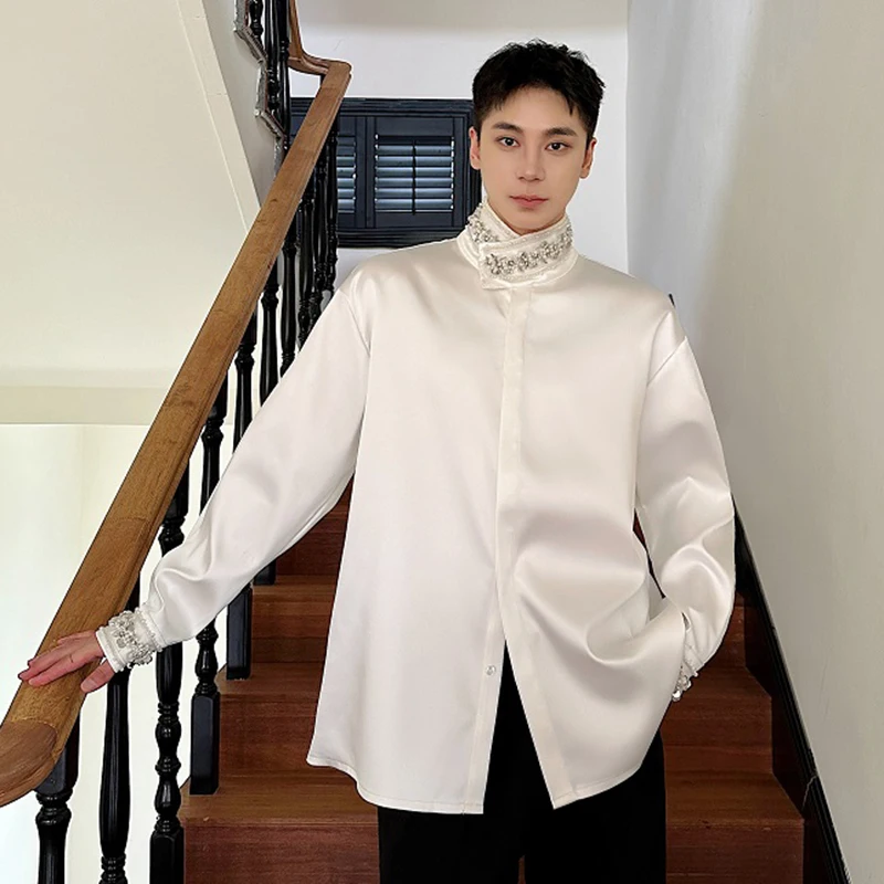 IEFB Stand Collar Satin Long Sleeve Shirt Autumn Men's Wear Diamond Decoration 2024 New Fashion Trend Single Breasted 9C7199