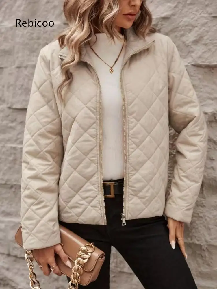 Diamond Stitched Quilted Short Jacket Women Stand Collar Zip Up Long Sleeve Casual Outer Garment For Daily Street Wearing