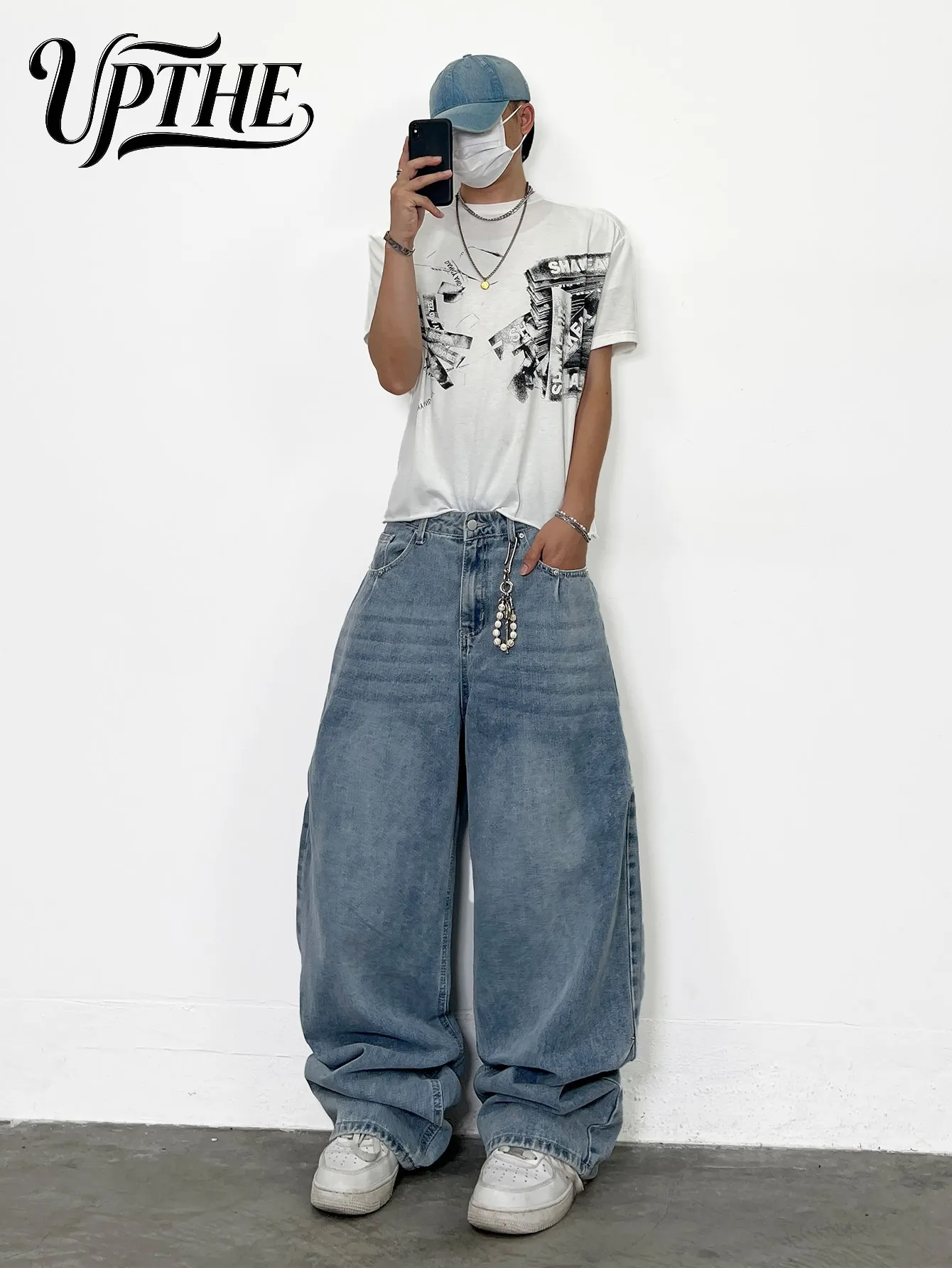 Men Light Blue Baggy Wide Leg Denim Jeans