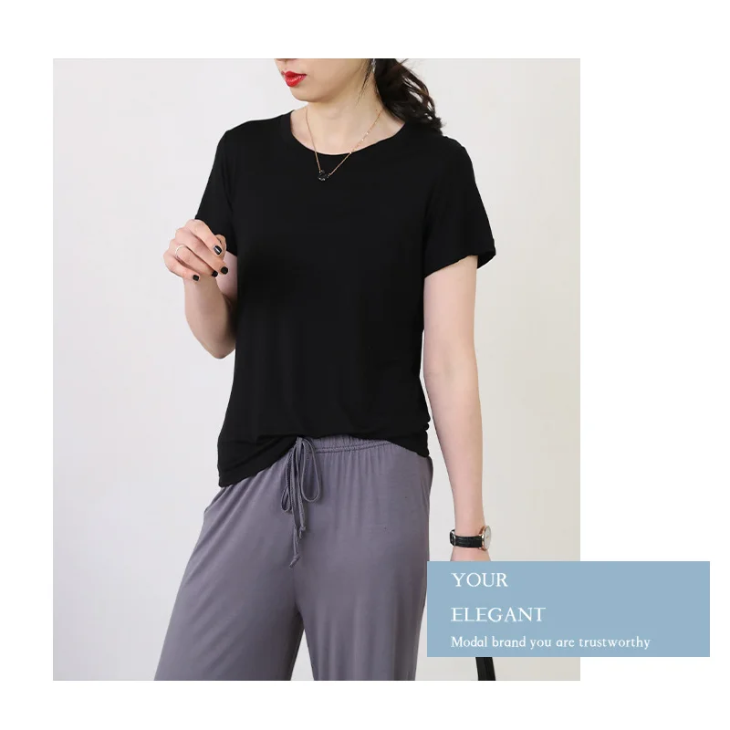 Modal O-Neck T-shirt Short sleeves Lady Summer Casual Basic Tshirt Solid color Loose Tee Tops bottoming tees