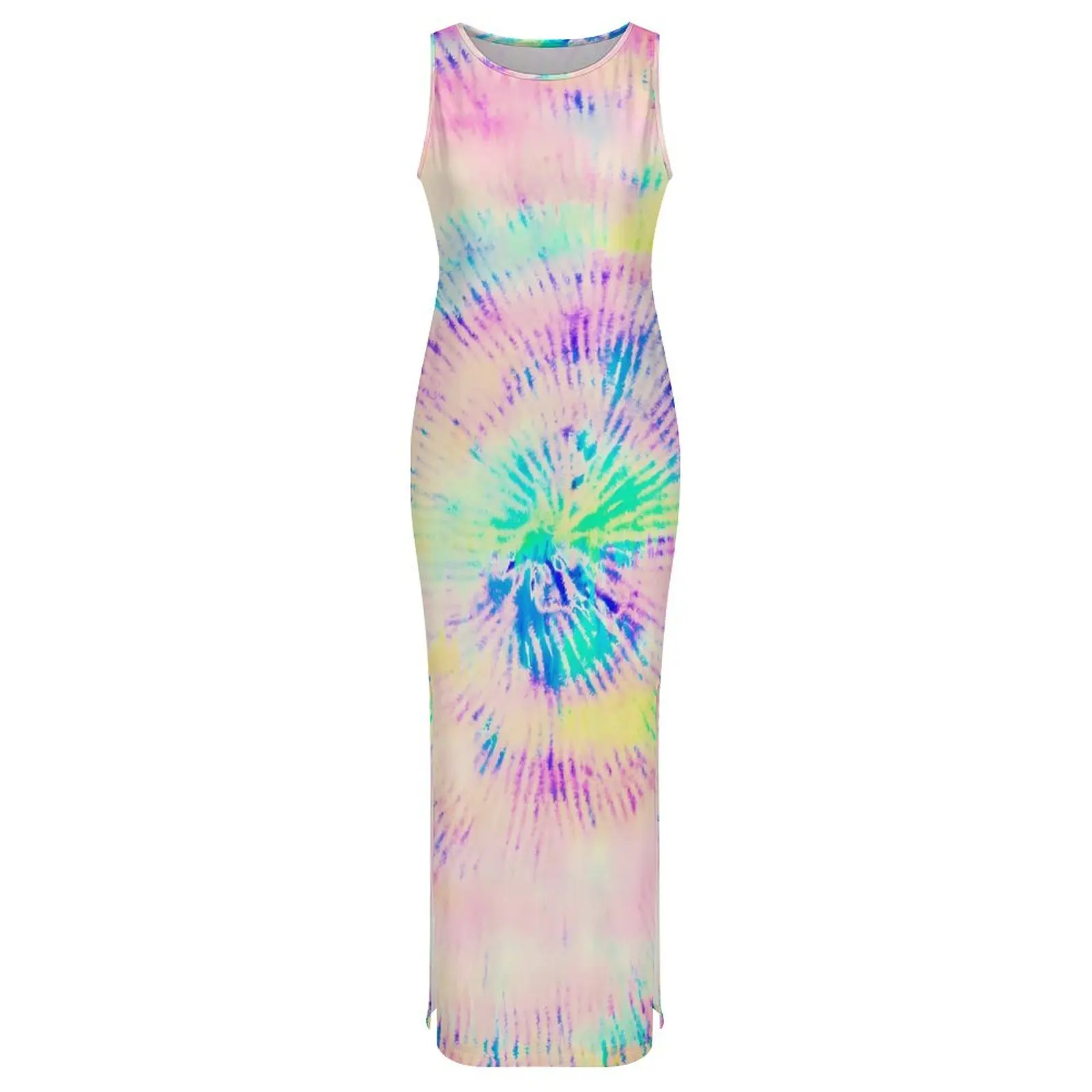 สีนีออนพิมพ์ชุดแขนกุดสีสัน Tie-Dye Street สไตล์ Maxi ชุดเดรส Elegant Bodycon Dress Lady Graphic Oversize Vestido