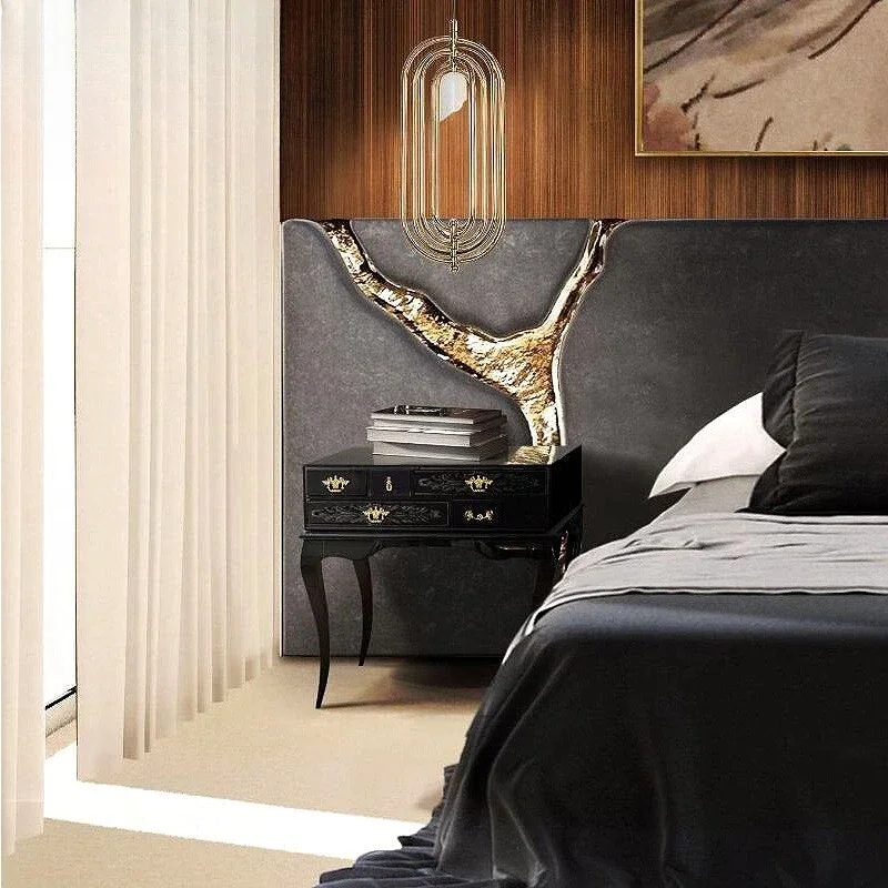 Light luxury solid wood carved bedside tables, villa bedrooms, designer models, premium storage cabinets