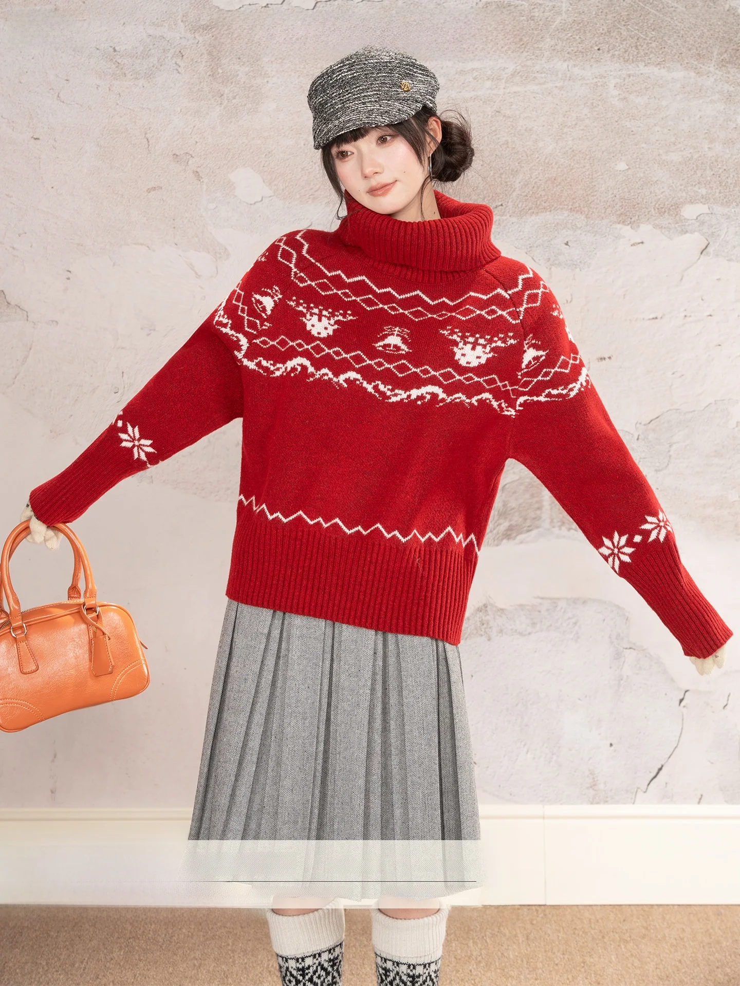 

Heynew Red New Year's High Ne Fair Isle Print Sweater Women's Winter Loose Warm Versatile Top Sweet Sle Long Sve Crew ...