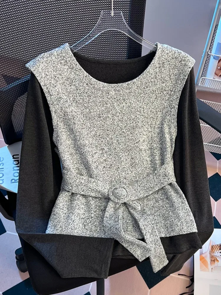 

Женский осенний винтажный вязаный жилет с застежкой на талии, длинная футболка Sve, комплект из двух предметов, Self-Kee Sle, корейский комплект для поездок на работу