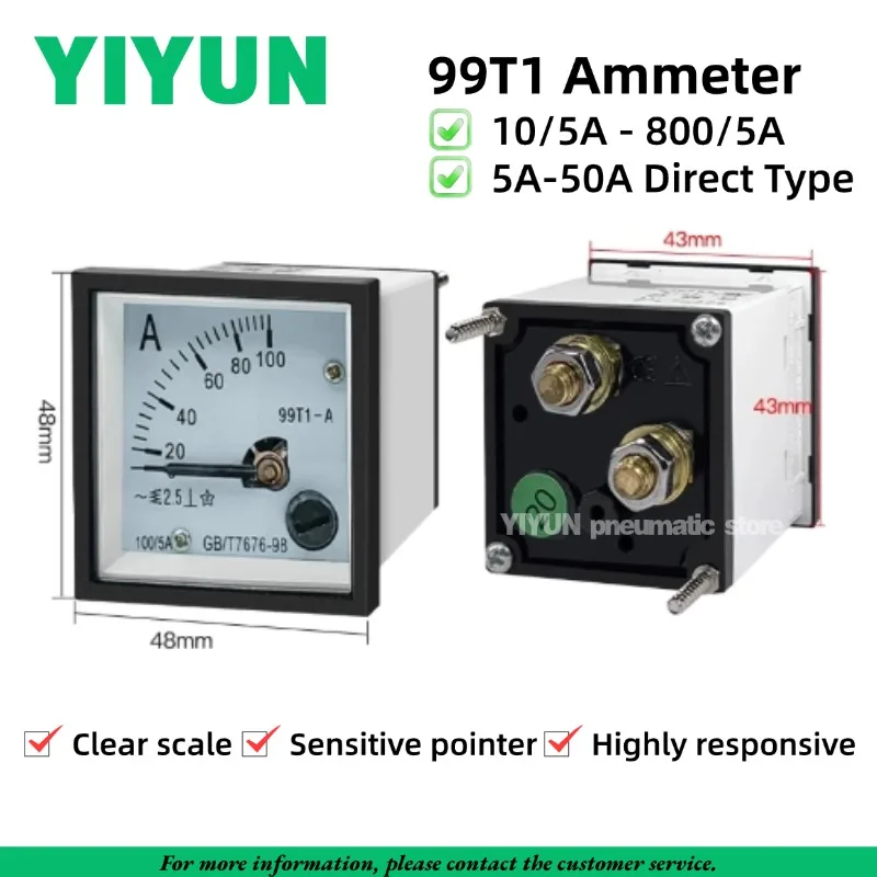 1PC 99T1 AC Analog Ammeter 100/5A 200/5A 300/5A 500/5A Industrial Panel Meters DC5A 10A 20A 30A 50A Direct Type Current Meter