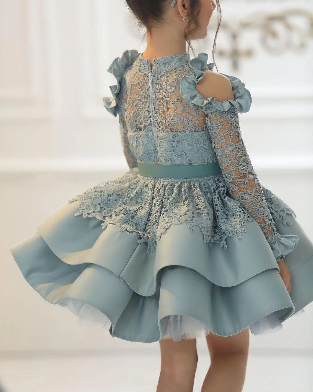 Vestido de princesa de comunión para niños, cuello alto, manga de encaje, falda esponjosa, vestido de baile, fiesta Formal, Junior