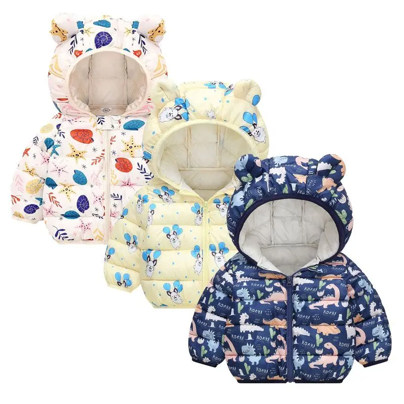 Neuer Kinder-Herbst- und Wintermantel für Jungen und Mädchen, koreanische Version, Cartoon-bedruckte warme Daunenjacke aus Baumwolle, 0–5 Jahre