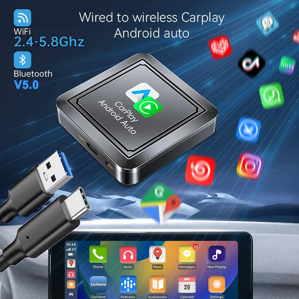 Wireless CarPlay Android Auto Dongle Stable Connection CarPlay Adapter WiFi BT 5.0 for Wired CarPlay Android Auto Cars