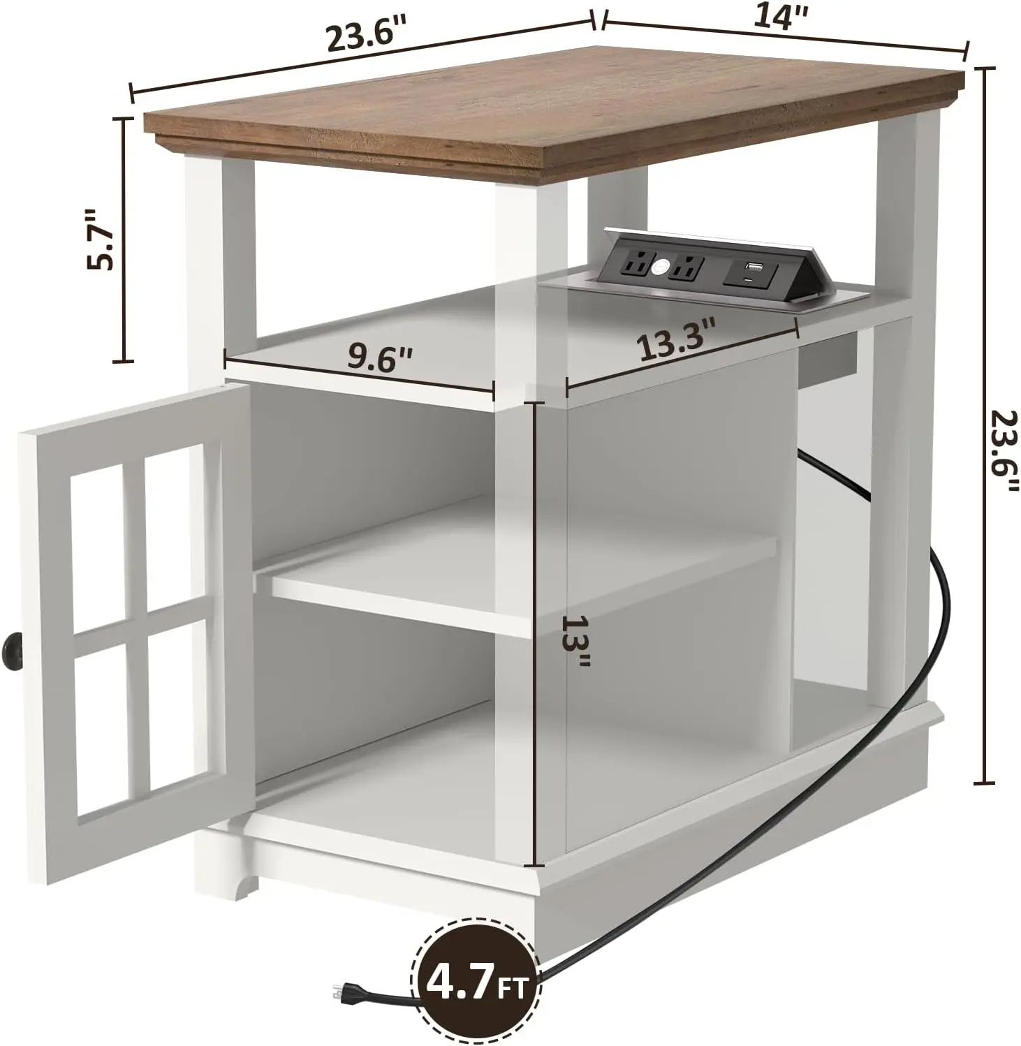 Mesa auxiliar estrecha blanca con estación de carga, puertos USB y tipo C, estante ajustable para sala de estar o dormitorio