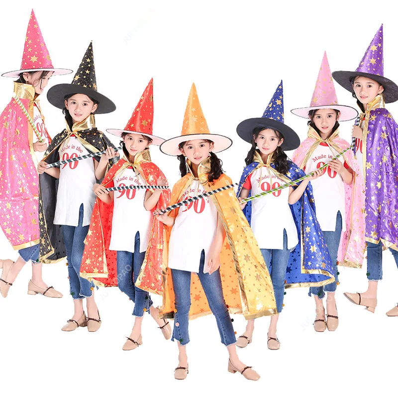 New Models Polychrome Children Halloween Dress Up Party Decorations Witch Suit Hat+Cloak 90cm with Star Print for Kids Cosplay