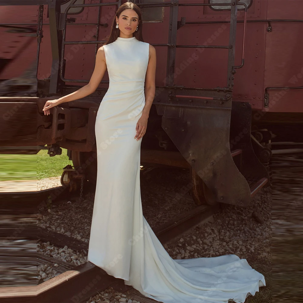 높은 칼라 여성 웨딩 드레스 우아한 백 레이스 새틴 인어 신부 가운 Mopping 길이 파티 Vestidos De Novias 맞춤형