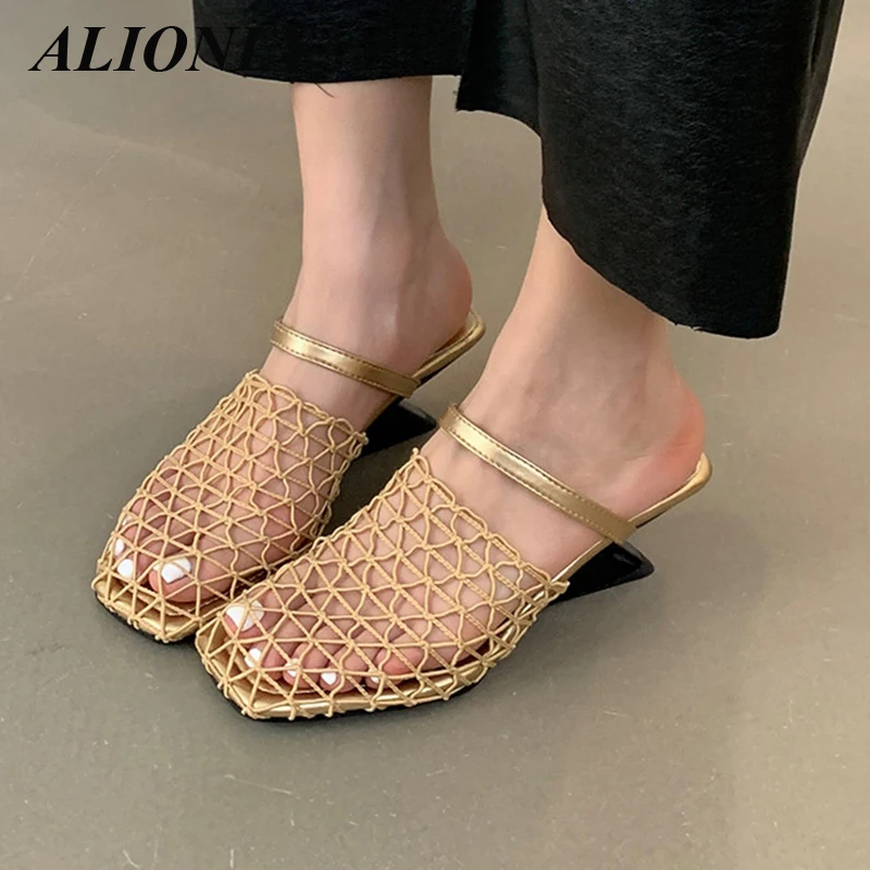 

Alionly 2024 New High Heels Sandals Woven Fishing Nets Toe Caps Sandals Hollowed Out Breathable Shoes Wedge Heels Slippers