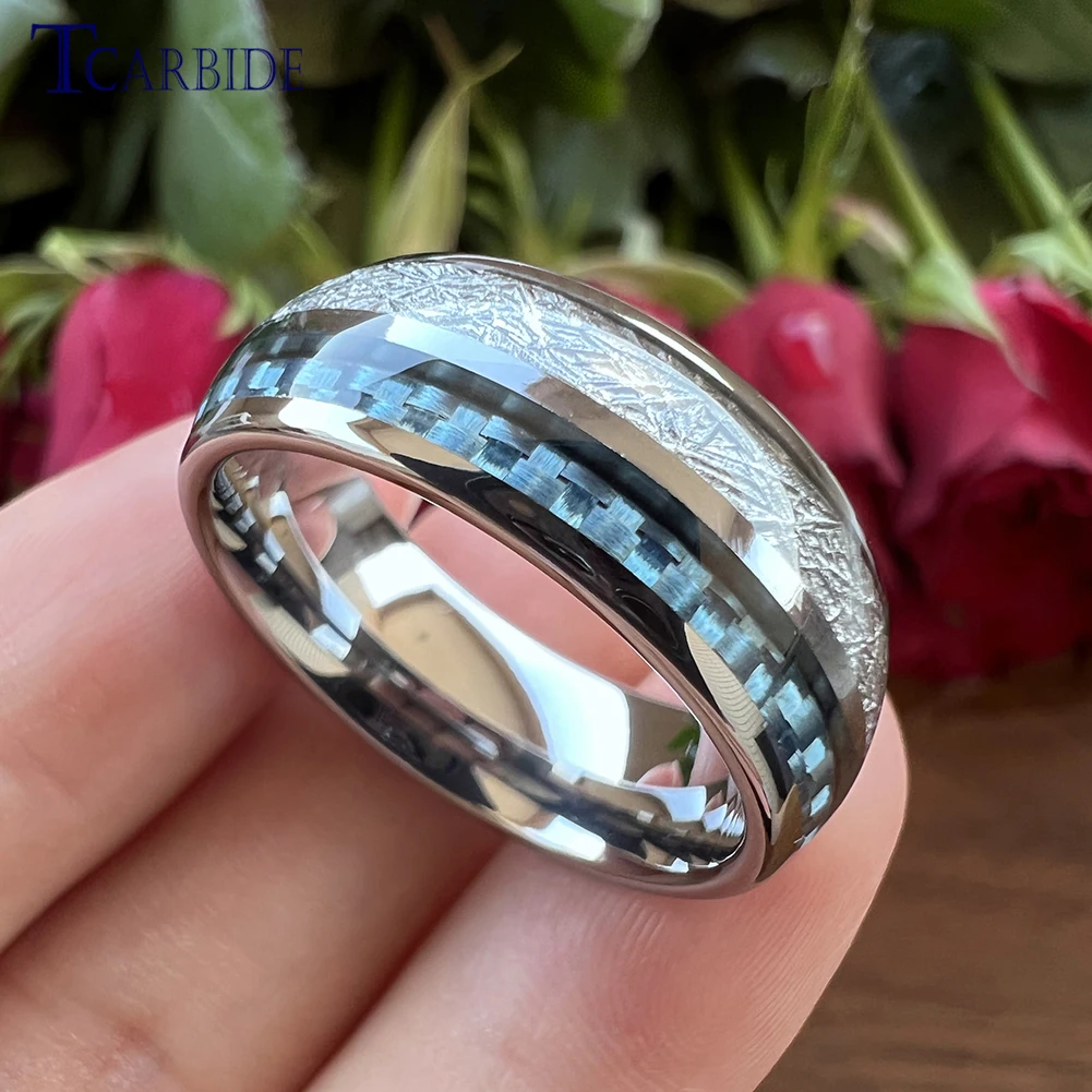 Dropshipping 8mm Domed Tungsten Carbide Ring Men Women Wedding Band With Bright Meteorite Blue Carbon Fiber Inlay Comfort Fit