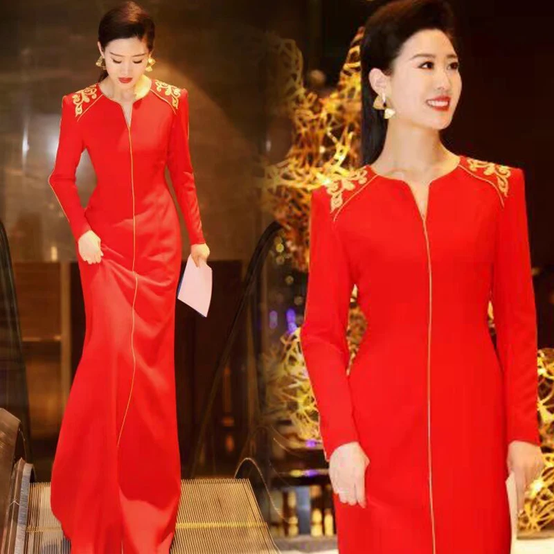 

Red Evening Gown Women's Long Ball Dr Luxury Wedding Dr Host Sle Korean Version mid Waist Zipper Ba Fi Tail