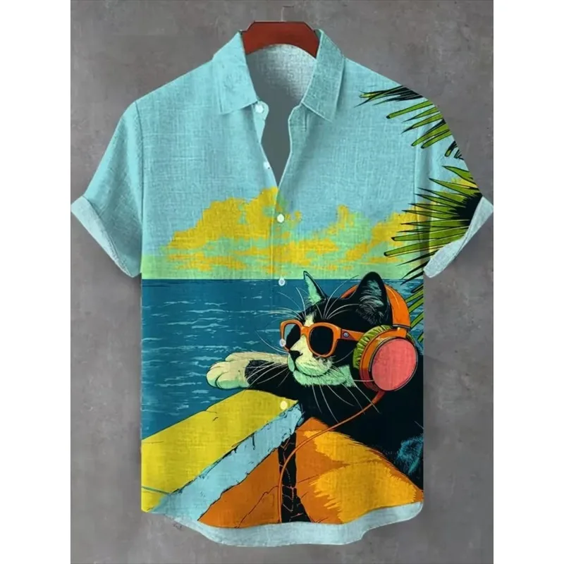 

Cat Pattern Men's Linen Short Sleeved Shirt Street Outdoor, Casual and ComfortableFashionable Trend Loose Top casual fashion