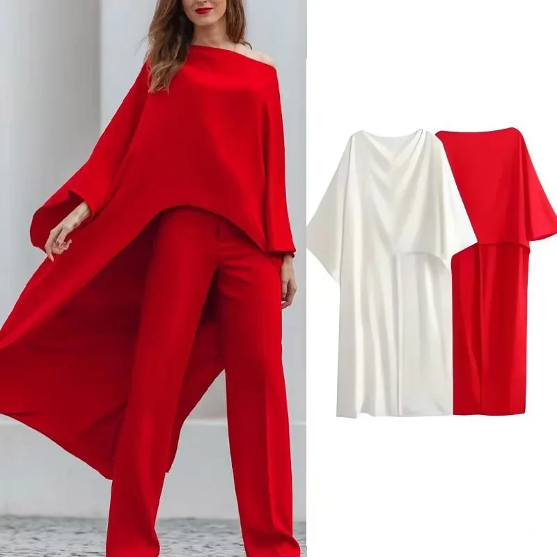 Autumn Women\'s Asymmetric Cape Style Red Satin Shirt Fashionable Round Neck Women\'s Casual Long Shirt Holiday Style 2024