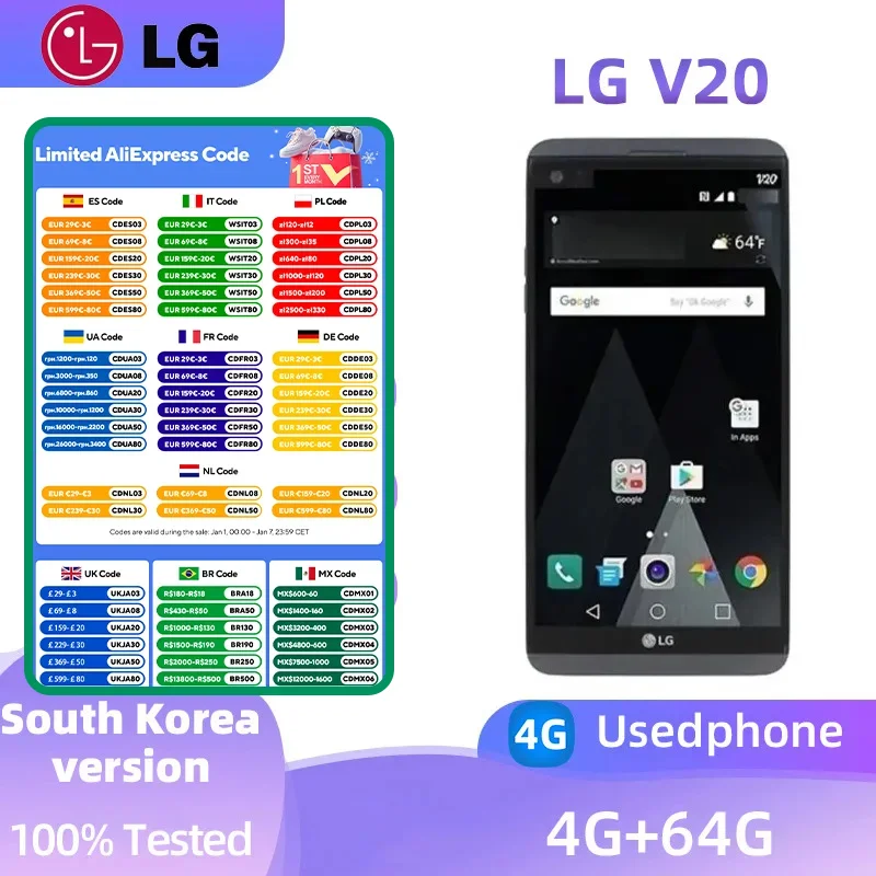 LG V20 4G SmartPhone CPU Qualcomm Snapdragon 820 Battery capacity 3200mAh 16MP Cameraoriginal used phone