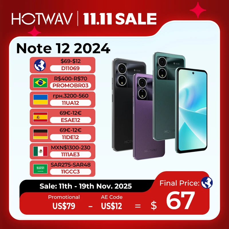 HOTWAV Note 12 2024 스마트폰 6.8인치 대형 디스플레이 안드로이드 14 OS 16(6+10)GB 128GB 휴대전화 48MP 5160mAh 초박형 핸드폰