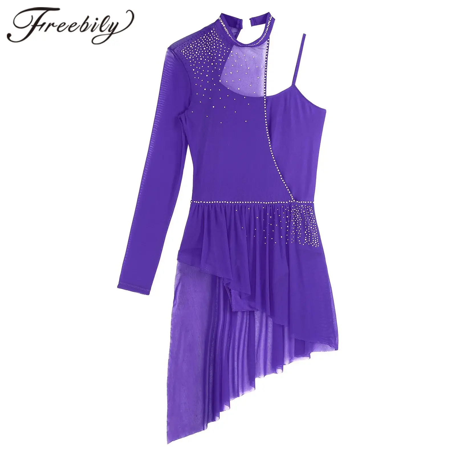 

Women Modern Lyrical Dance Dress Figure Skating Clothes High-low Tulle Rhinestone Ballet Gymnastics Leotards Performance Costume