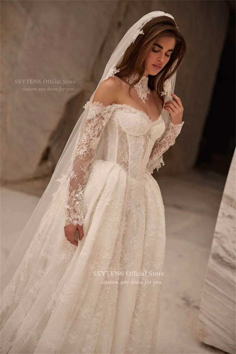 SSYTENS Customized Off-Shoulder Lace Wedding Dress Long Sleeve Sweetheart Bridal Gown with Train Formal Bride Dress for Women