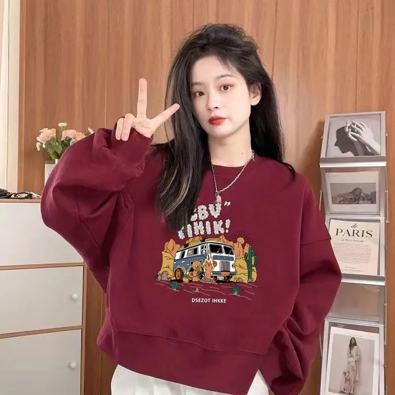 Wine Red Plus Velvet Thick Short Hoodie Woman's Top Loose Niche American Style O-neck Trend Multi-element Graffiti Youth Casual