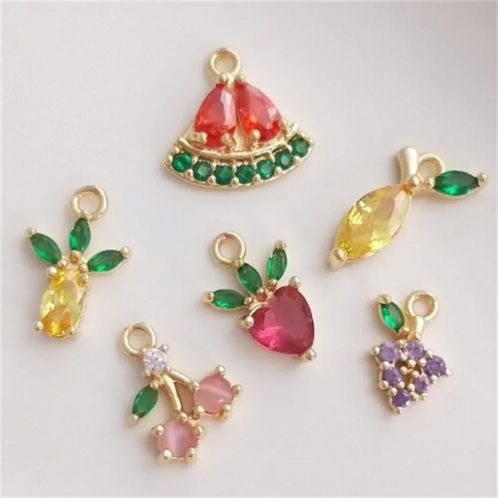 

Color Zircon Fruit Series 14K Gold Wrapped Zircon Cherry Pineapple Grape Mango Small Pendant DIY Jewelry Charm Pendant K343