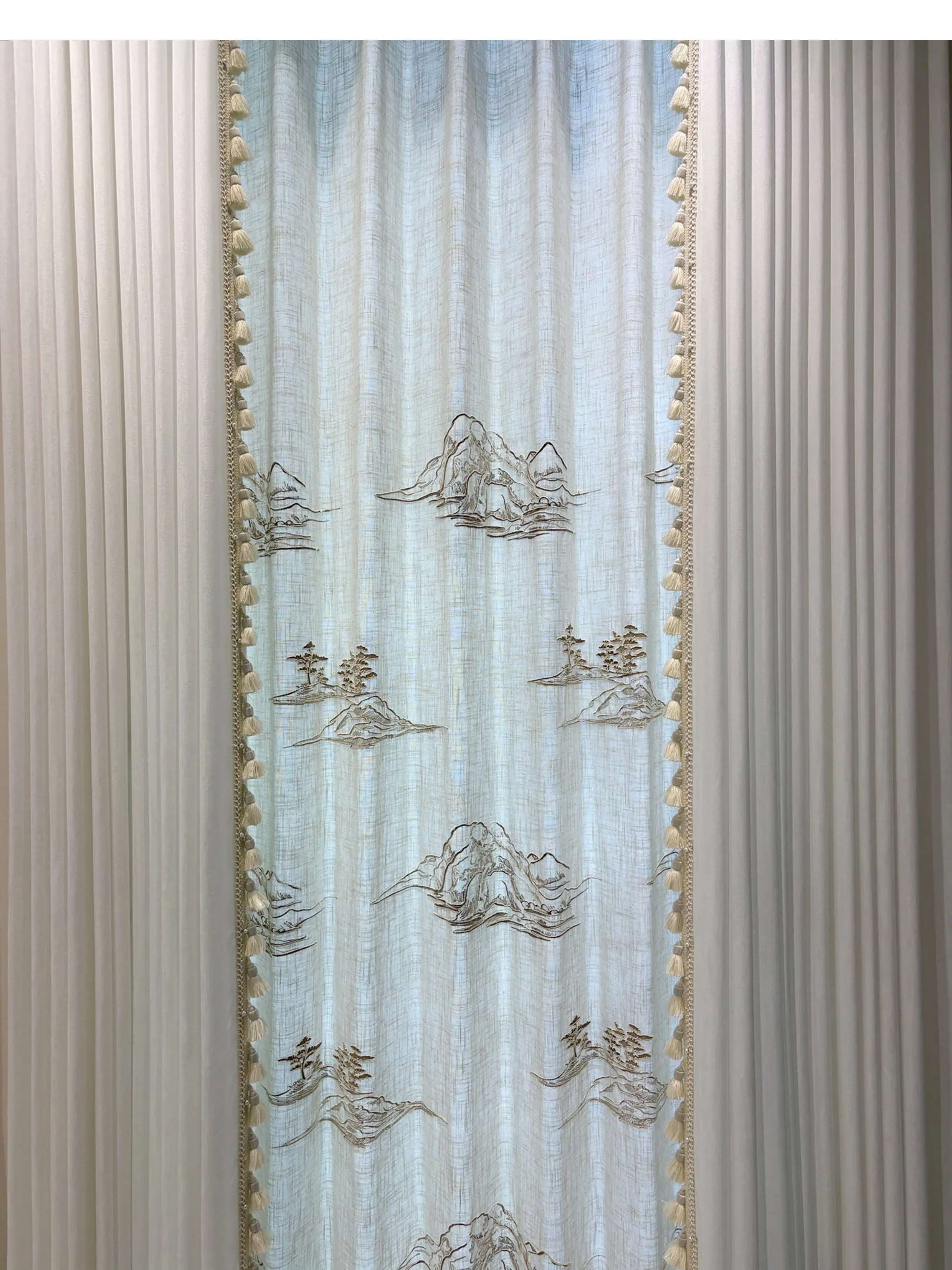 Chinese Cotton and Linen Embroidery Window Screen Curtains for Living Room Bedroom French Partition Curtain Customization