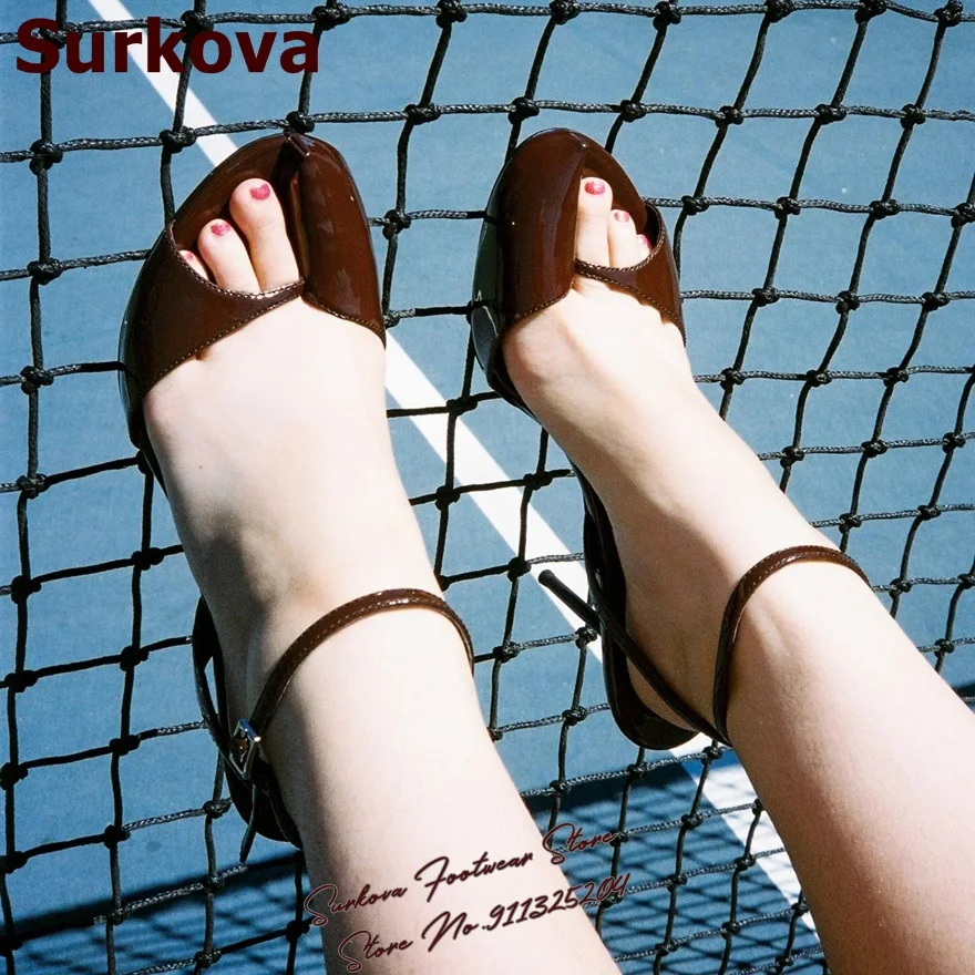 

Surkova Coffee Brown Patent Leather Clip Toe Sandals Thin High Heel Buckle Strap Dress Shoes Unique Banquet Pumps Black