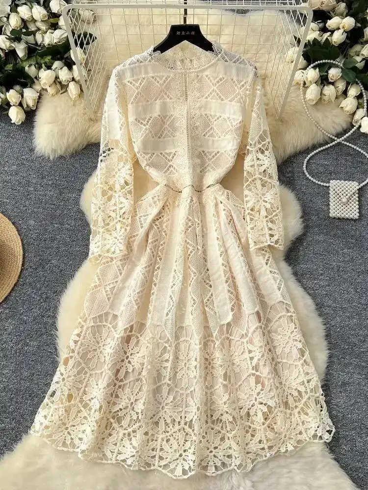 Runway 2025 Spring Embroidery Flower Lace Long Dresses Women\'s Summer Prom Robe Evening Party Midi Vestidos Female