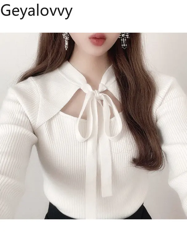 

Japanese Style Cut Out Strappy Knitting Bottom Sweater Sweet Girls Easiest for Match Silm Pure Color Long Sleeves Pullover