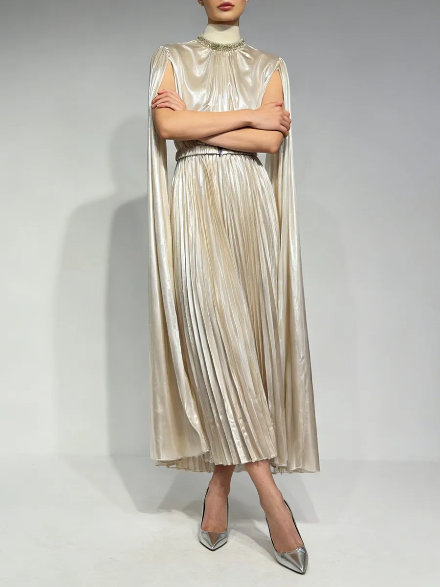 TWOTWINSTYLE Solid Spliced Folds Minimalist Long Dresses for Women Stand Neck Long Sleeves Patchwork Beading Dress Female New