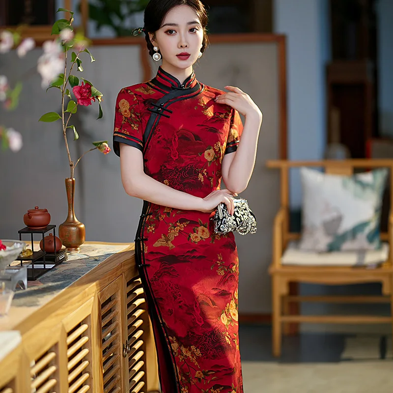 

Платье Qipao женское атласное с коротким рукавом, Длинное Элегантное Вечернее в китайском стиле, модная юбка-Ципао для женщин, на лето