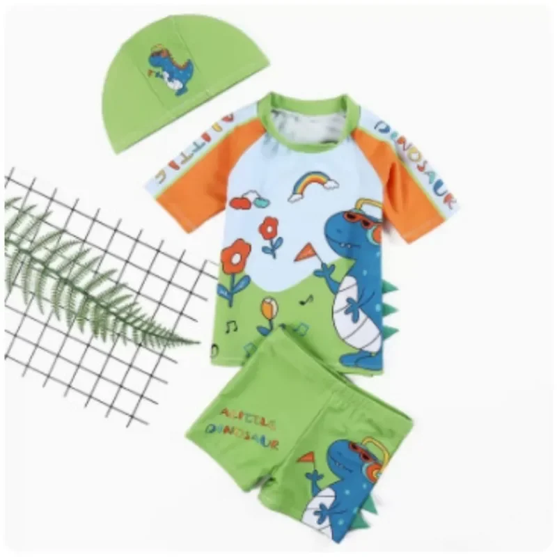 Kids Boy Swimsuit Letter Dinosaur Print Two-Piece Suits 3PCS Cartoon Children Board Shorts Children Boys Swimwear Surfing Suit