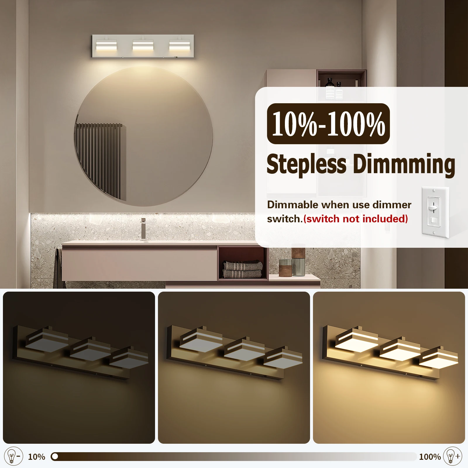 Luz de vaidade LED, temperatura de 5 cores ajustável, feita de metal e acrílico, com fio rígido, adequada para iluminação de banheiro