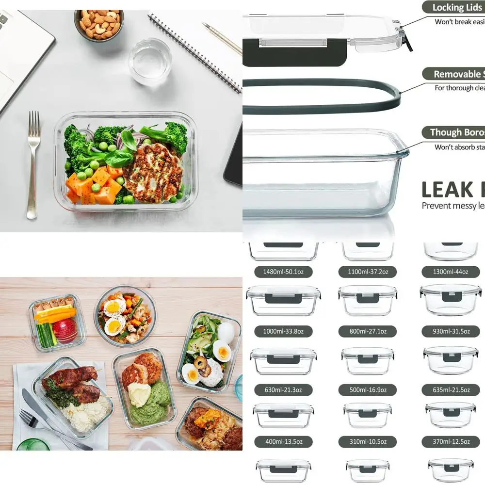 

Set of 30 Glass Meal Prep Containers with Snap Lids - Airtight, Microwave, Oven, Freezer, Dishwasher Safe