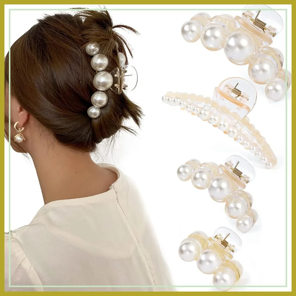 4 Pack Large Pearl Hair Claw Clips for Women, Strong Hold Barrette for Thick Thin Hair, Fashion Hair Accessories for Daily Use