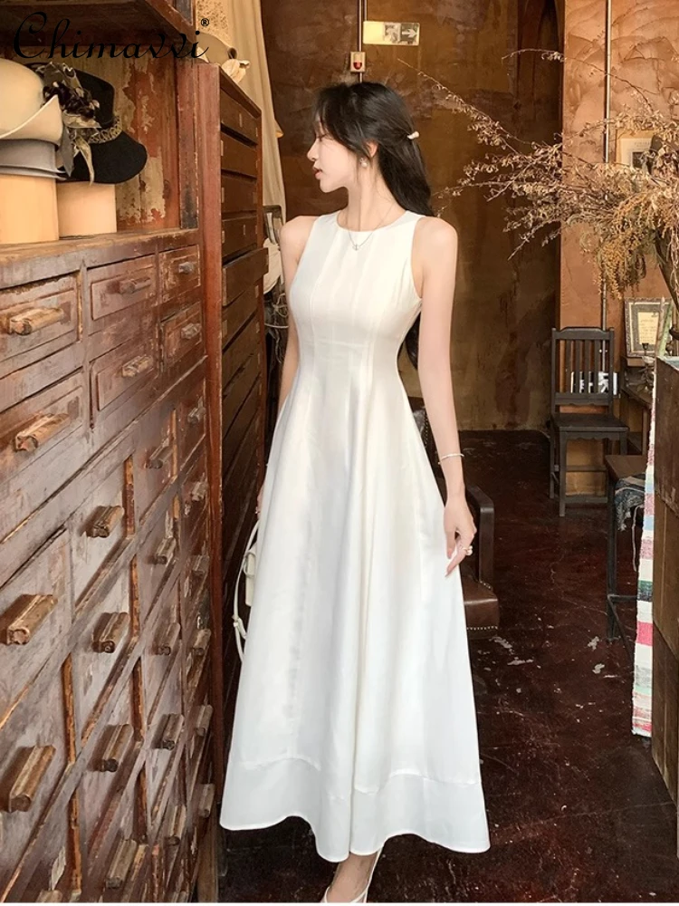

French Style Gentle Elegant Commuting White Dresses Summer Round Neck Sleeveless High Waist Slim A-line Elegant Long Dress Women