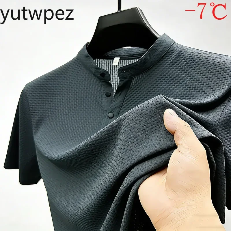 Men Solid Color Short Sleeve Cycling Polo Shirt Waffle Weave Design Outdoor Sports Stand Collar Base Layer Ideal Hiking Running