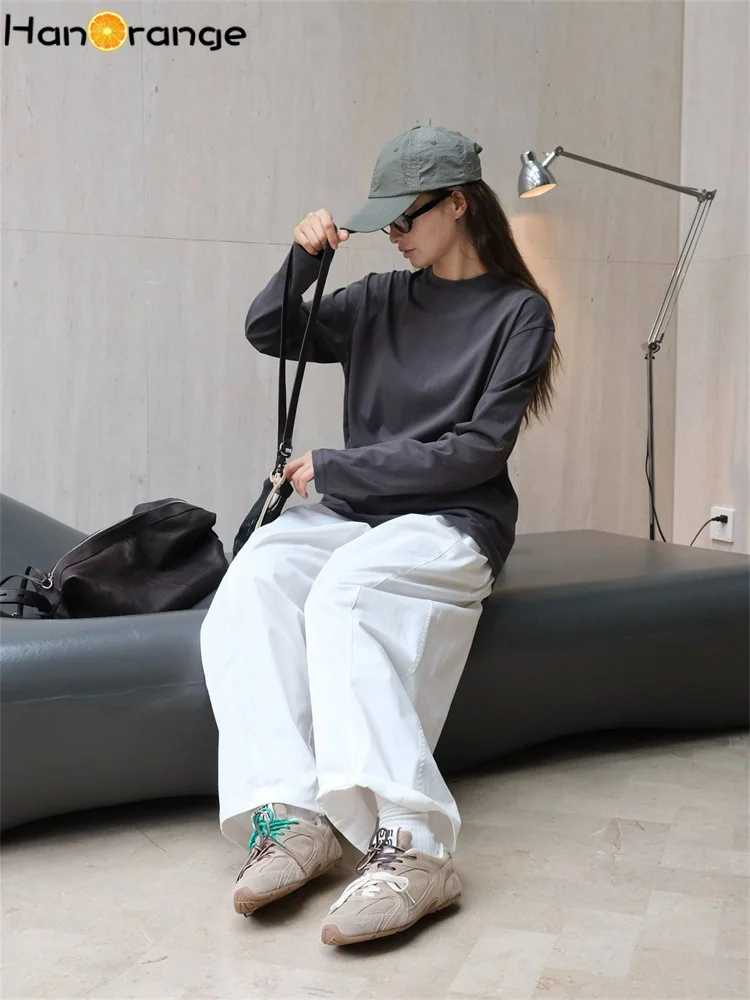 HanOrange 2024 Autumn Simple Fashion Silhouette Long Sleeve T-shirt Women O-neck Loose Casual Top Tees White/Dark Gray/Blue