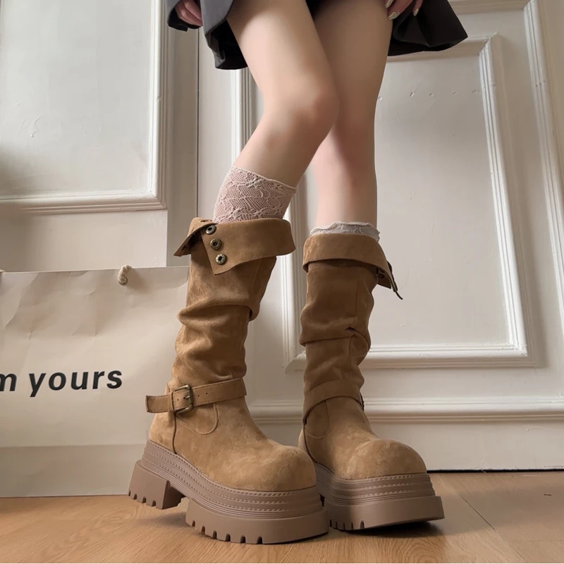 Retro Ruched Leather Long Boots for 2026 Winter, Fashionable and Versatile Style Round Head Platform Thick-soled Women's Boots