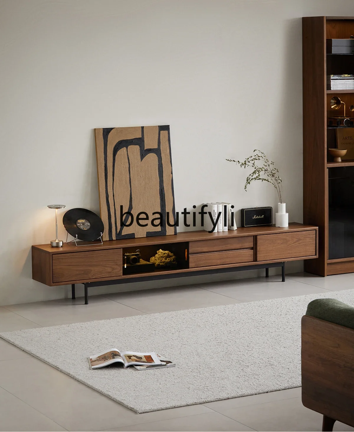 

Solid wood TV cabinet North American black walnut Nordic living room with drawers glass sliding door home6239