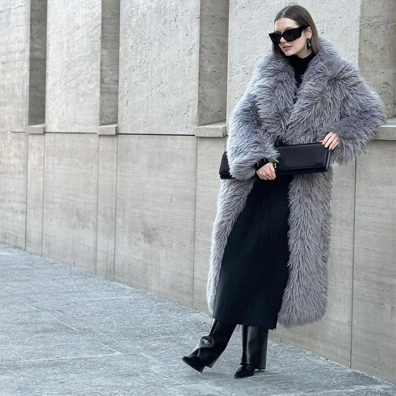 نسخة ممتدة معطف تيدي للنساء بأكمام طويلة ملابس شتوية رمادي شاطئ صوف سميك معطف من الفرو الصناعي الصلب