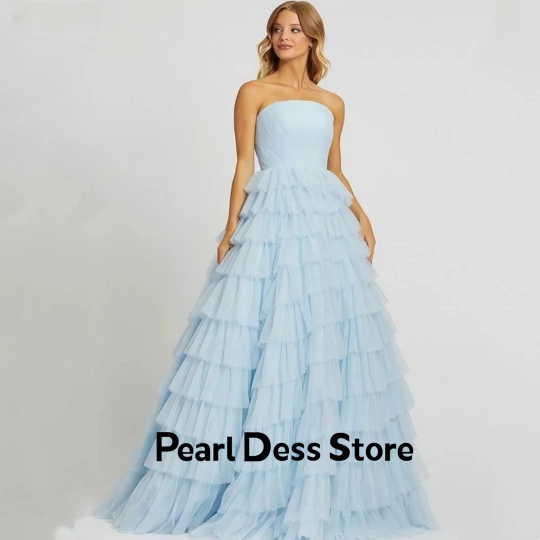 

Handmade Organza Prom Dress Strapless Multi layered Cocktail Customized Evening Dress Exquisite Light Blue