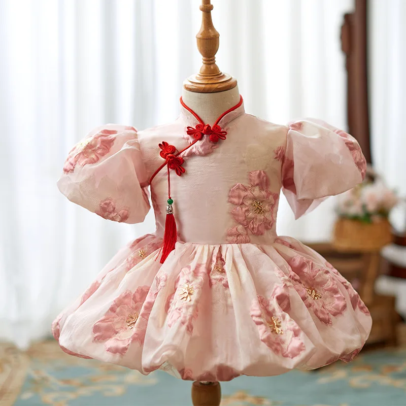 

Chinese Style Embroidered Short Evening Gowns for Toddler Girl Luxury Birthday Party Dress Formal Children Eid Cute Gala Dresses