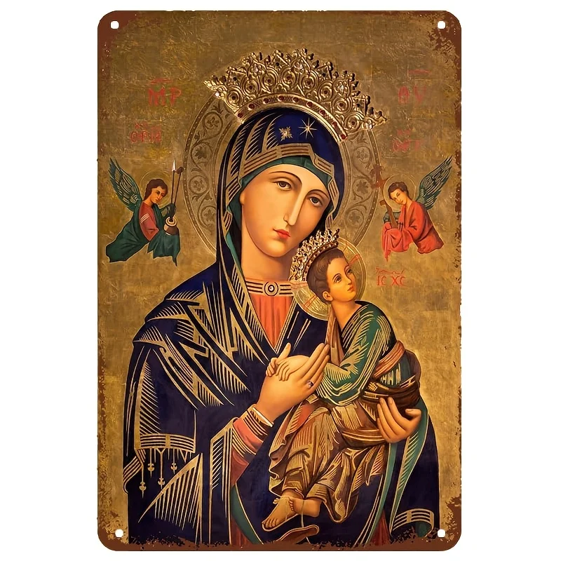 Panneau métallique vintage 2D, Art mural Vierge Marie et Enfant Jésus, Décoration couronne avec cadre doré, Ornement religieux pour maison, bar, hôtel