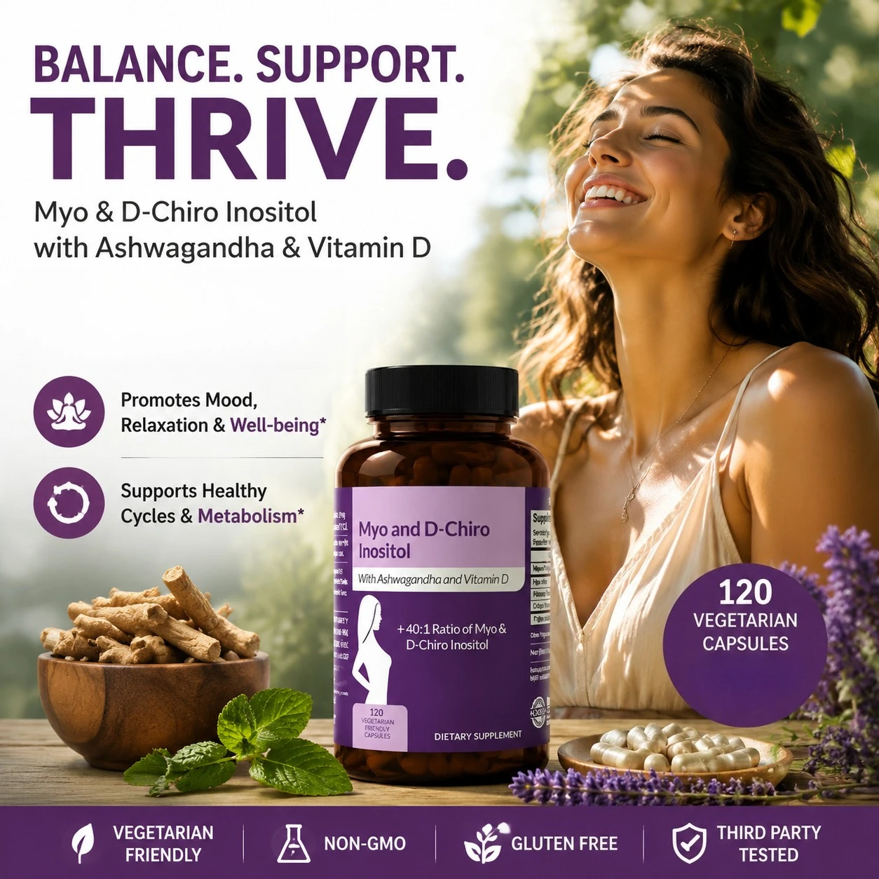 

Myo-Inositol 40:1 D-Chiro Inositol Capsules with Vitamin D3 & Ashwagandha 120 Count Women Daily Wellness Supplement
