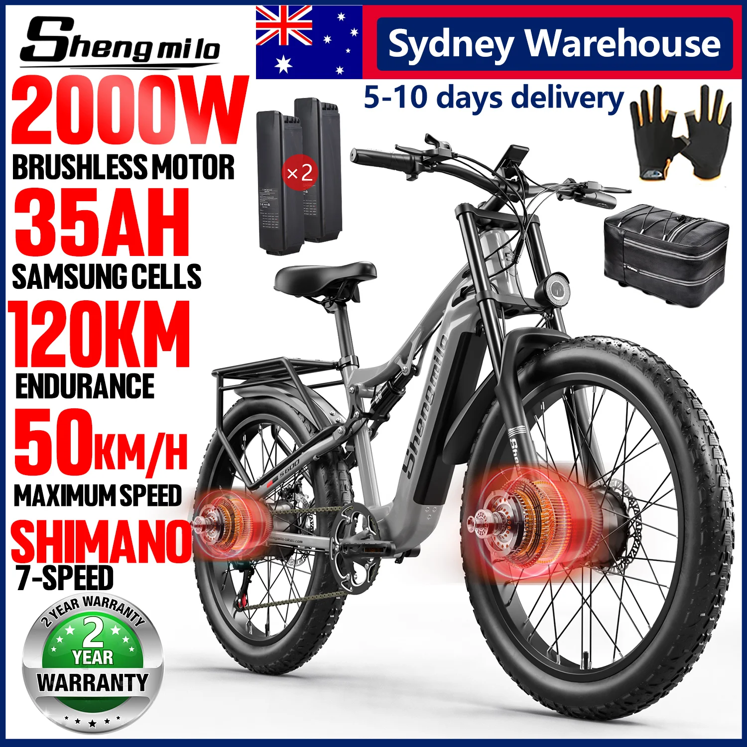 [Sydney Warehouse]Shengmilo S600 26 inches adult electric mountain bike, 2000W dual motor 48V 17AH ebike, dual suspension