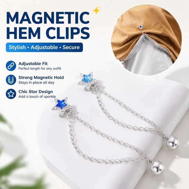 Magnetic Trouser Hem Clips, Star Shape Adjustable Pants Shortener, Decor Chain Cuff Buttons, Anti-Drag No Sew Pants Hem Fastener